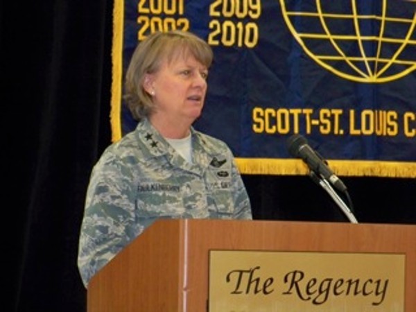 Maj. Gen. Barbara Faulkenberry, USAF, vice commander, 18th Air Force, addresses the chapter in March.